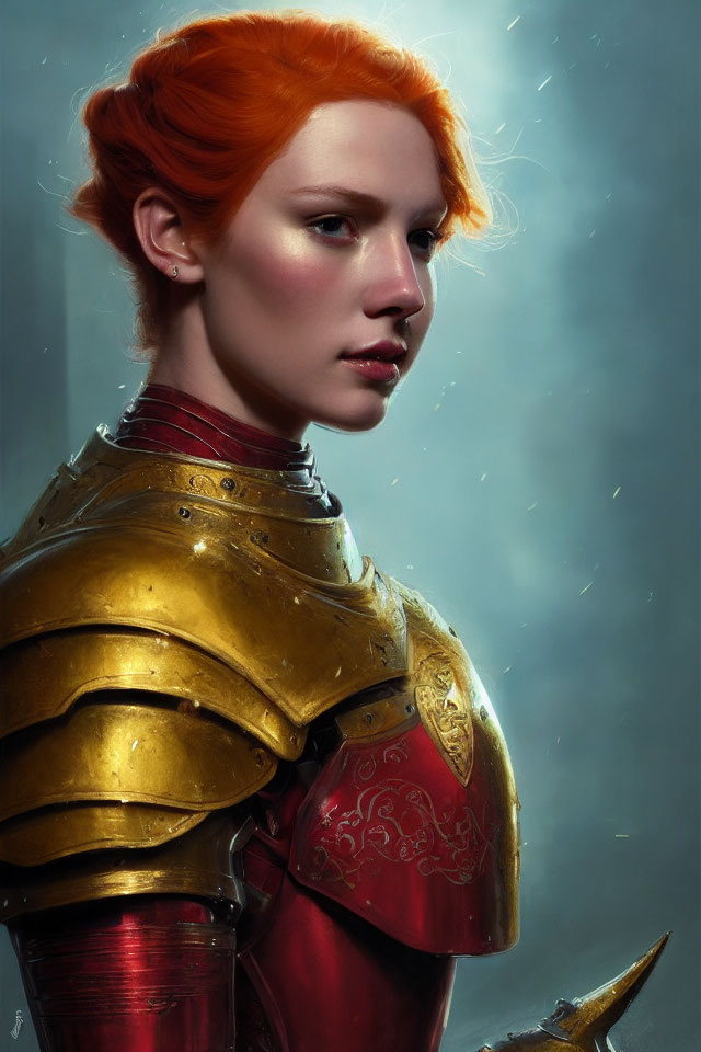 Fiery red-haired woman in golden-red armor against misty blue backdrop