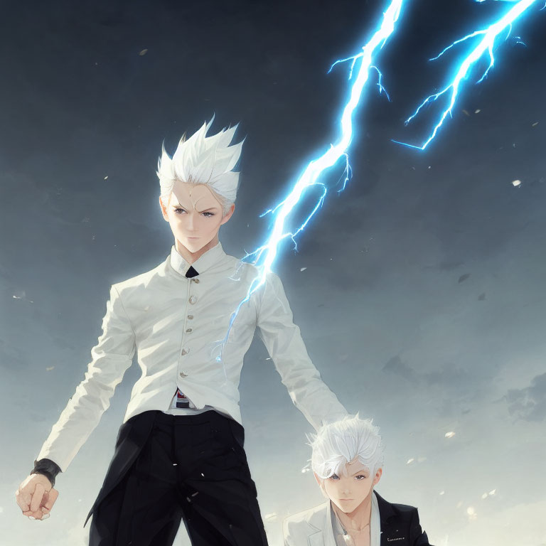 Stylized anime characters with white hair under a stormy sky