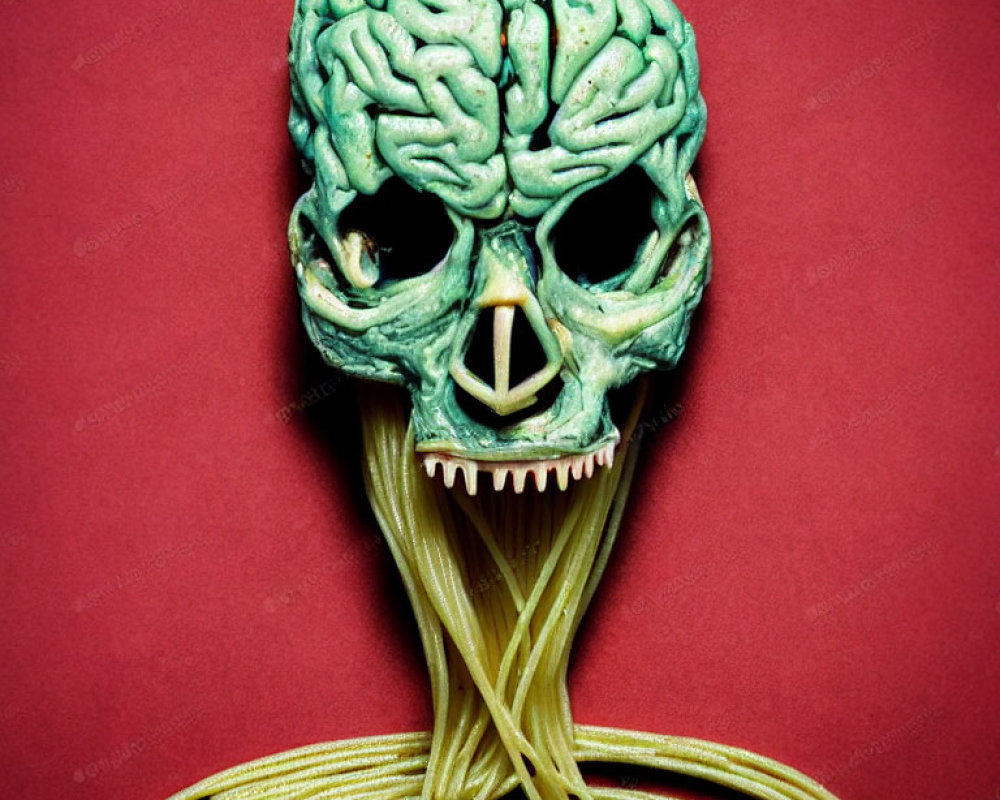 Green brain-textured skeleton head with pasta neck on red background