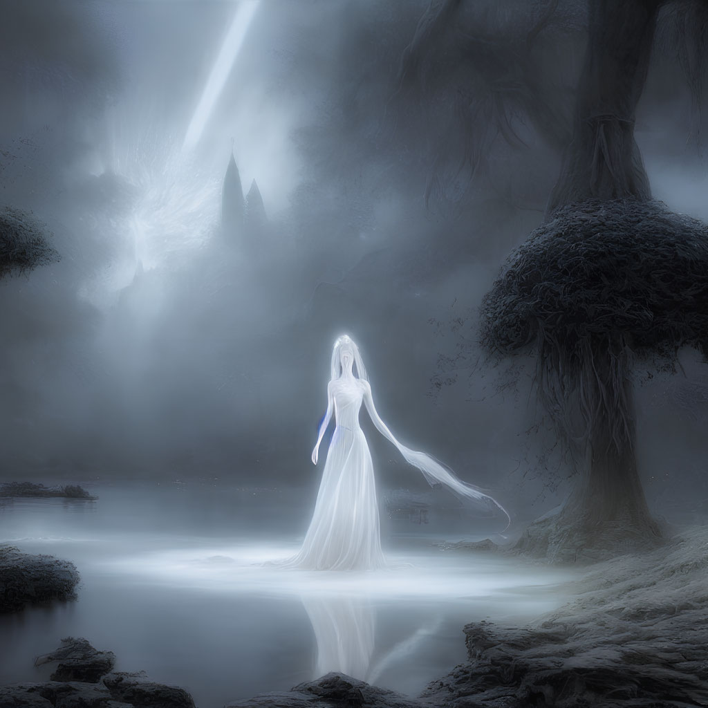 Ethereal ghostly figure in misty landscape with castle and trees