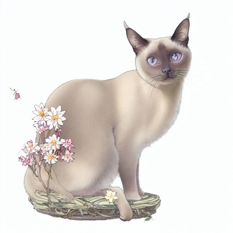 Siamese Cat with Blue Eyes in Basket Surrounded by Pink and White Flowers