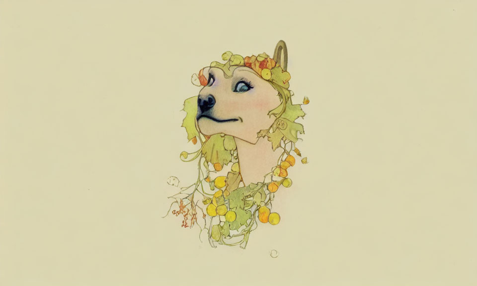 Whimsical creature with dog-like face and leafy headdress