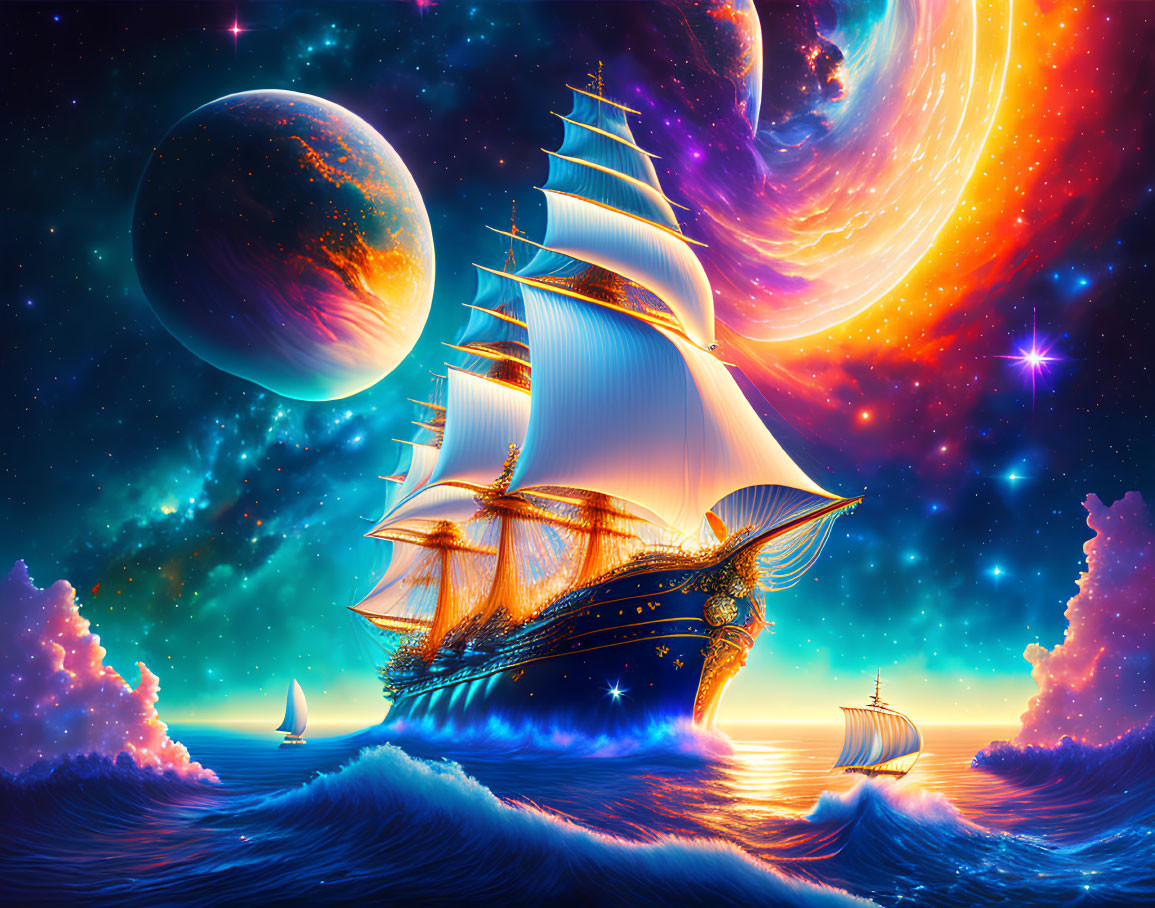 Colorful digital artwork: majestic sailing ship in cosmic sea