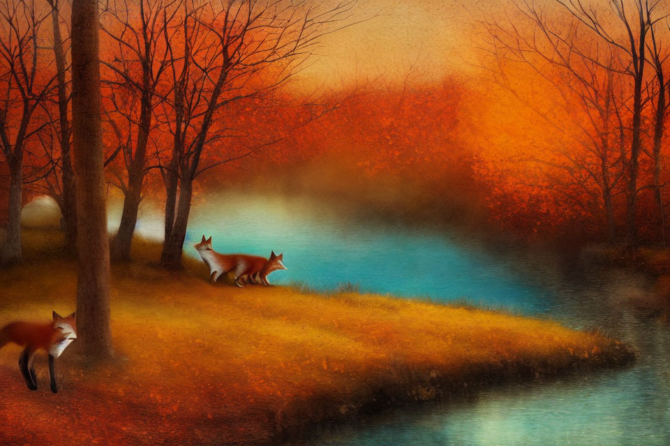 Autumnal scene with foxes near tranquil blue lake