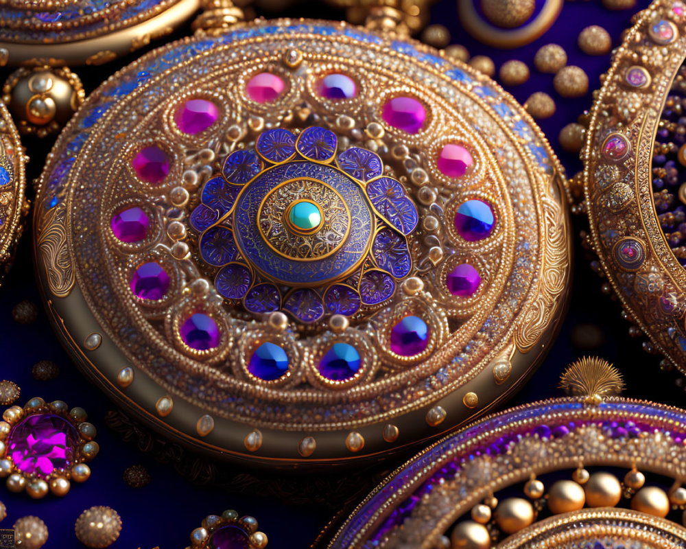 Detailed golden jewelry with pearls, sapphires, and opal-like gem on dark background