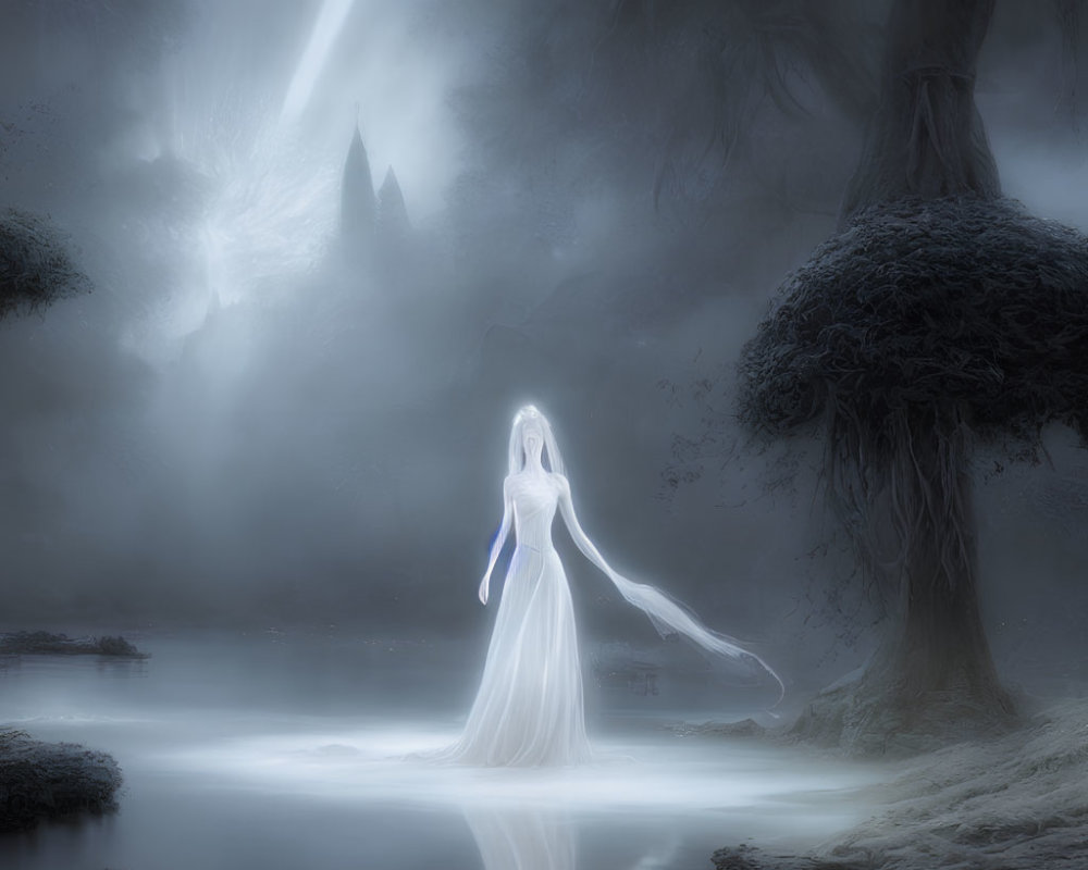 Ethereal ghostly figure in misty landscape with castle and trees