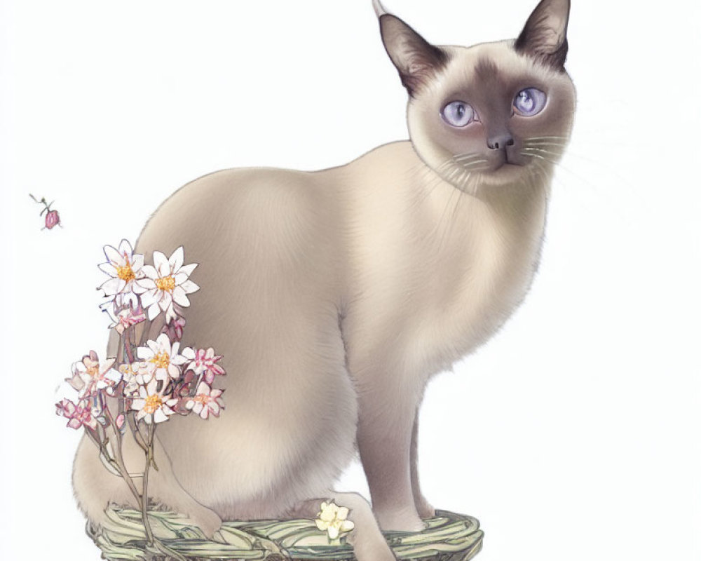 Siamese Cat with Blue Eyes in Basket Surrounded by Pink and White Flowers