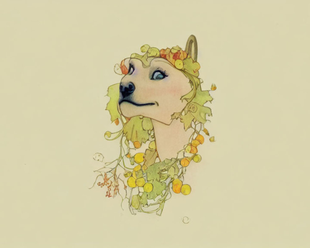 Whimsical creature with dog-like face and leafy headdress