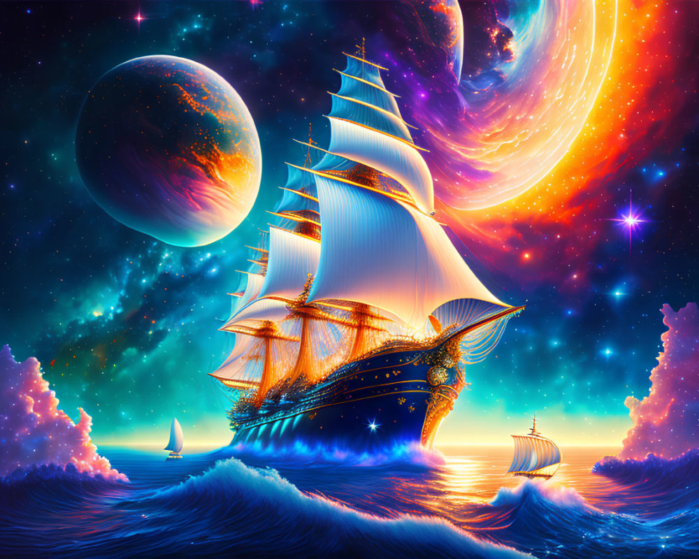 Colorful digital artwork: majestic sailing ship in cosmic sea