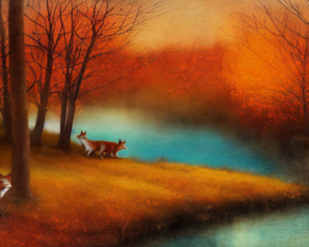 Autumnal scene with foxes near tranquil blue lake