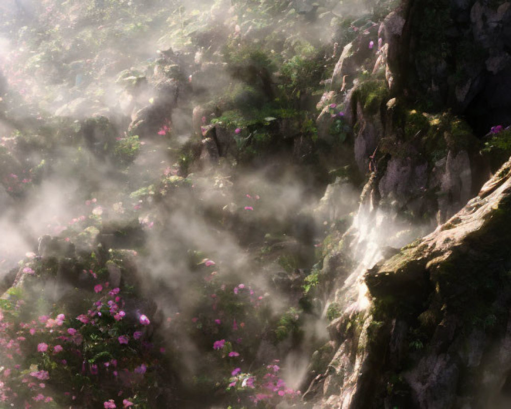 Sunlit Misty Forest with Pink Wildflowers and Figure