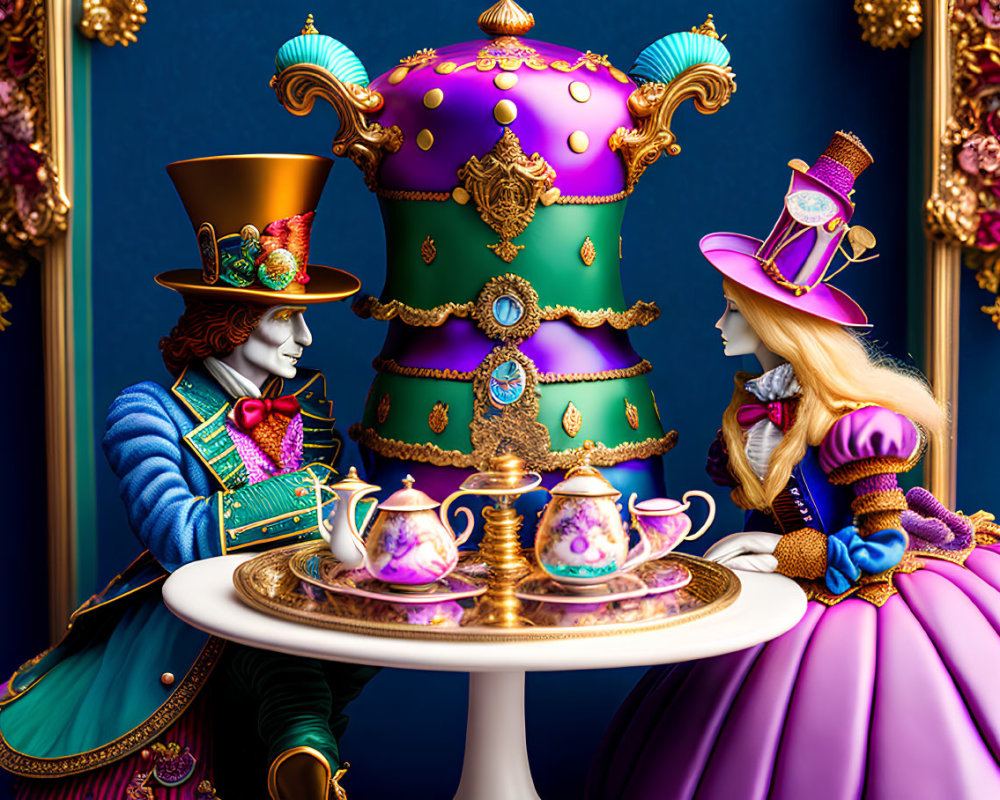 Whimsical Alice and Mad Hatter in Colorful Wonderland Scene