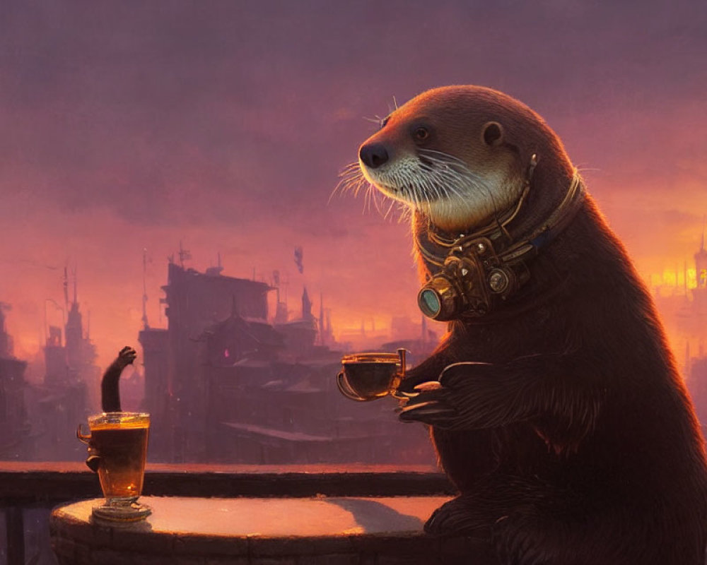 Steampunk-themed anthropomorphic otter with tea at bar in cityscape