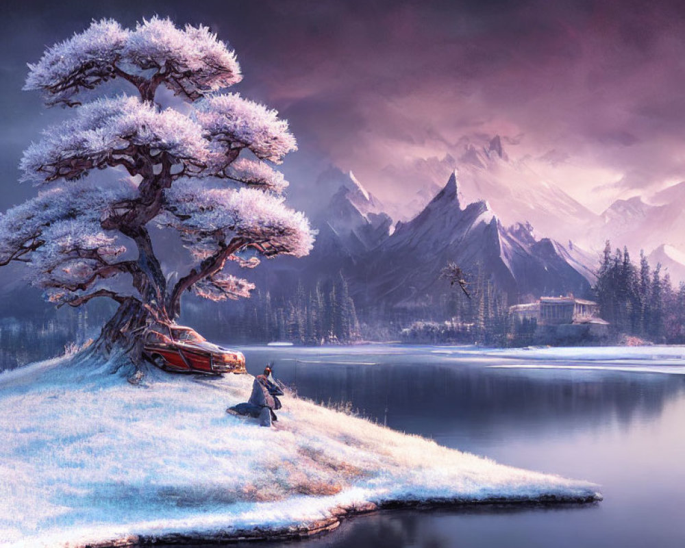 Tranquil landscape with frost-covered tree, person by lake, boat, mountains, violet sky