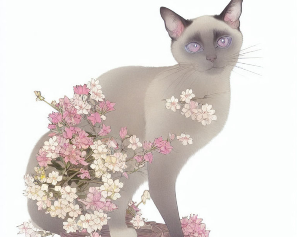 Siamese Cat with Blue Eyes Surrounded by Pink and White Flowers