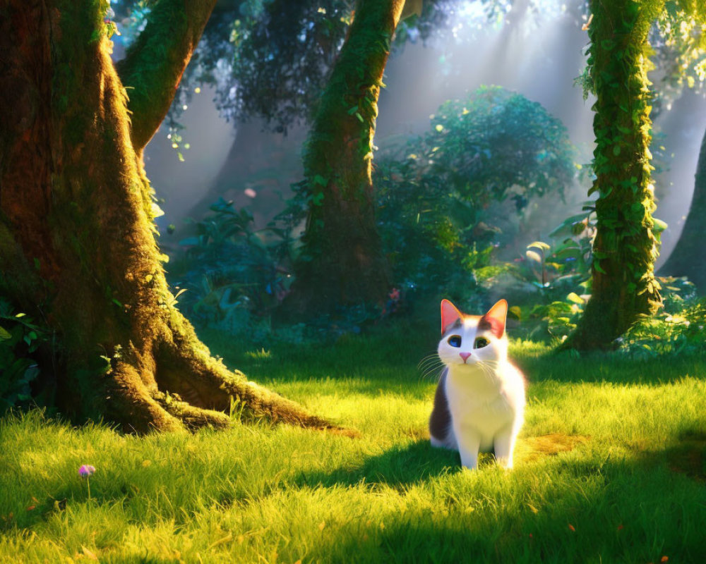 White Cat with Black Markings in Sunlit Forest Clearing with Pink Flower