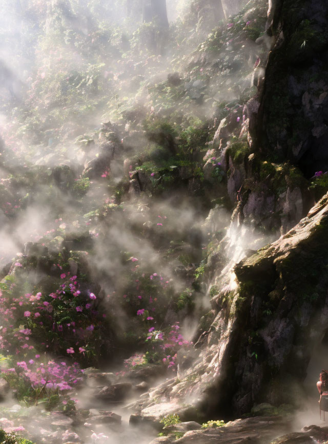 Sunlit Misty Forest with Pink Wildflowers and Figure