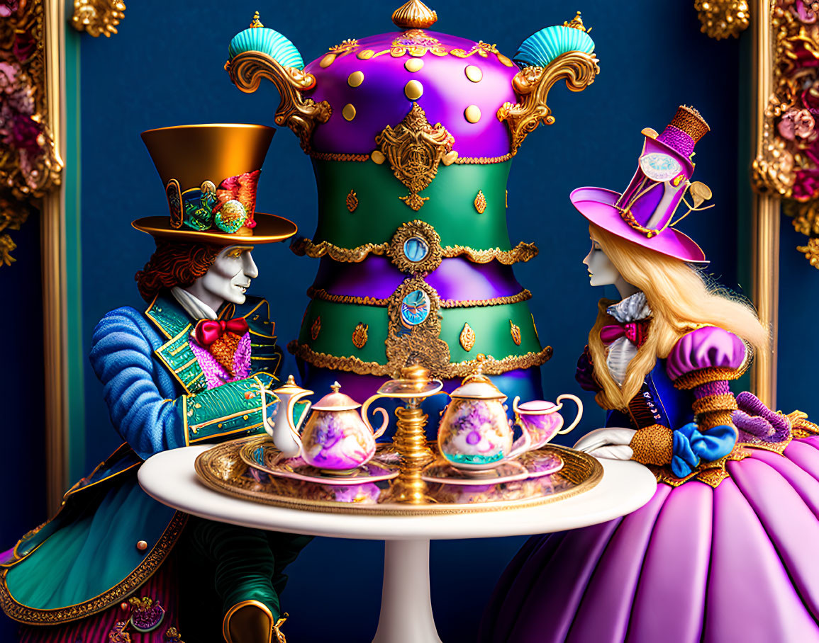 Whimsical Alice and Mad Hatter in Colorful Wonderland Scene