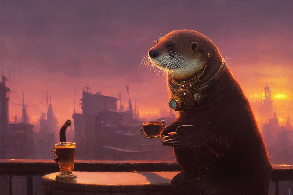 Steampunk-themed anthropomorphic otter with tea at bar in cityscape