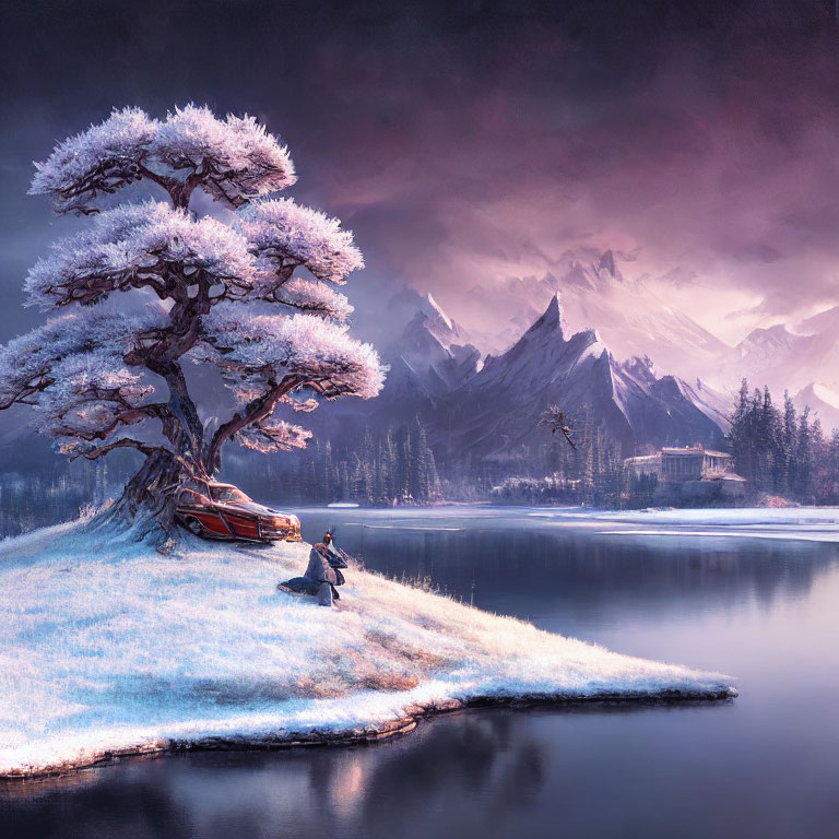 Tranquil landscape with frost-covered tree, person by lake, boat, mountains, violet sky