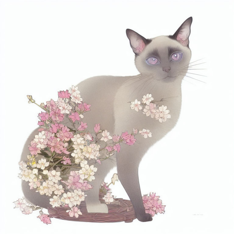 Siamese Cat with Blue Eyes Surrounded by Pink and White Flowers