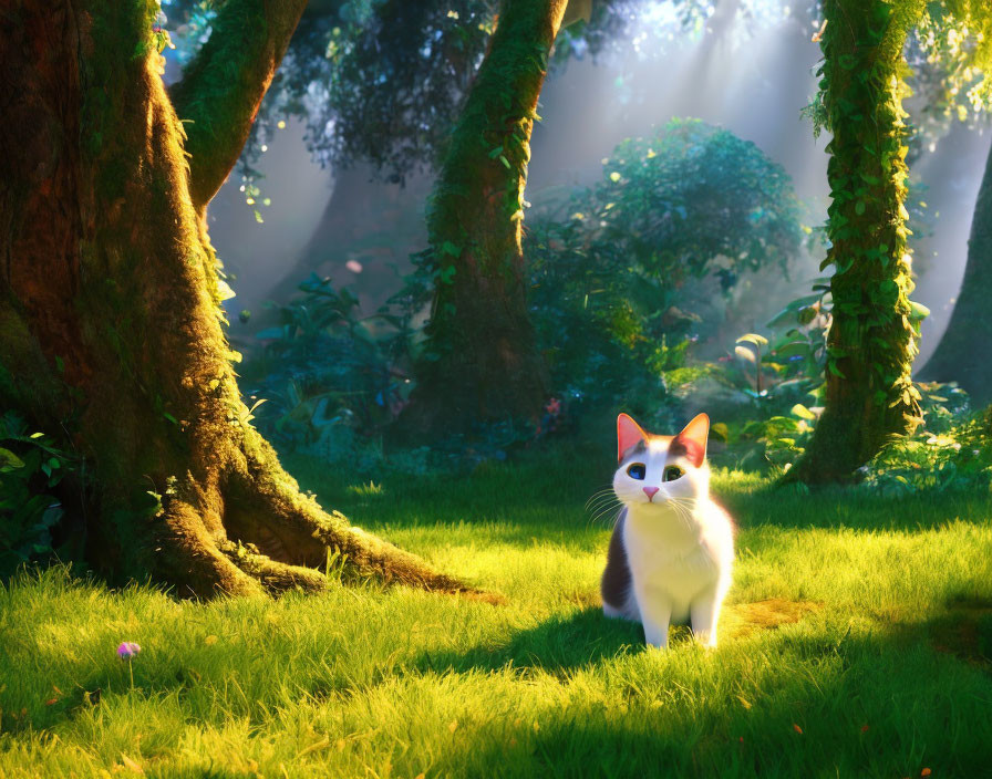 White Cat with Black Markings in Sunlit Forest Clearing with Pink Flower