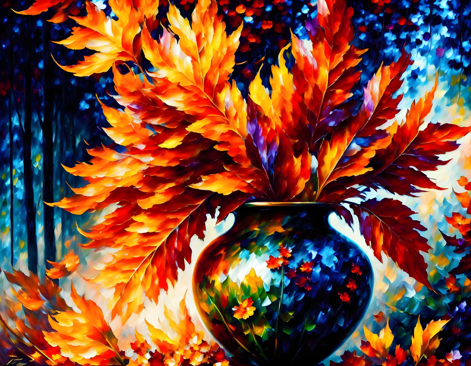 Colorful autumn leaves in vase on blue mosaic - impressionistic painting