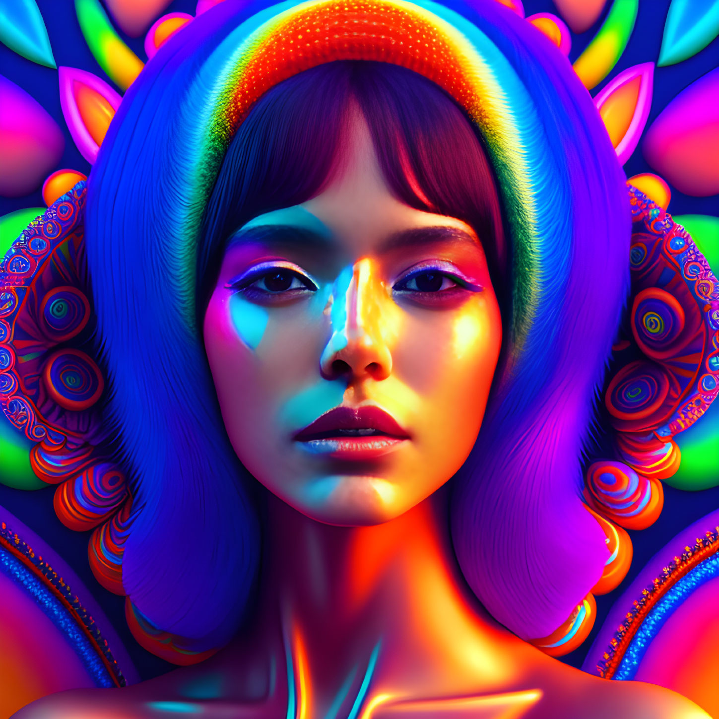 Colorful Psychedelic Patterns Surrounding Woman in Digital Portrait