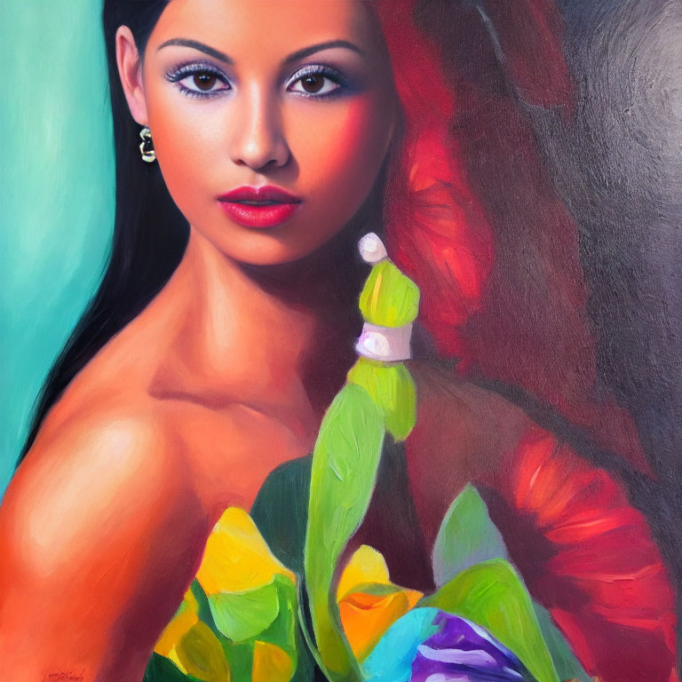 Vibrant portrait of a woman with striking eyes and earrings beside colorful flowers on dual background