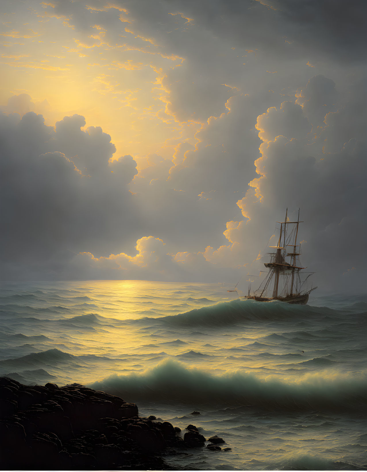 Sailing ship on rolling ocean waves at sunset with sunbeams and rocks