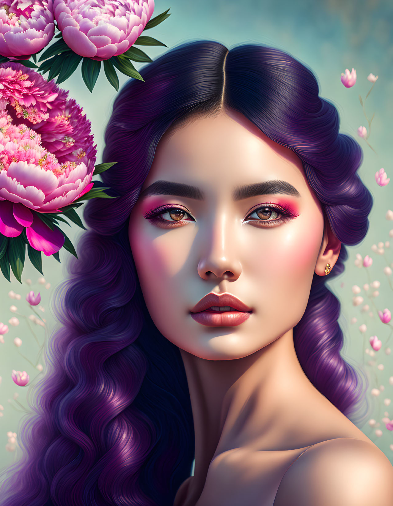 Portrait of Woman with Wavy Purple Hair and Pink Peonies