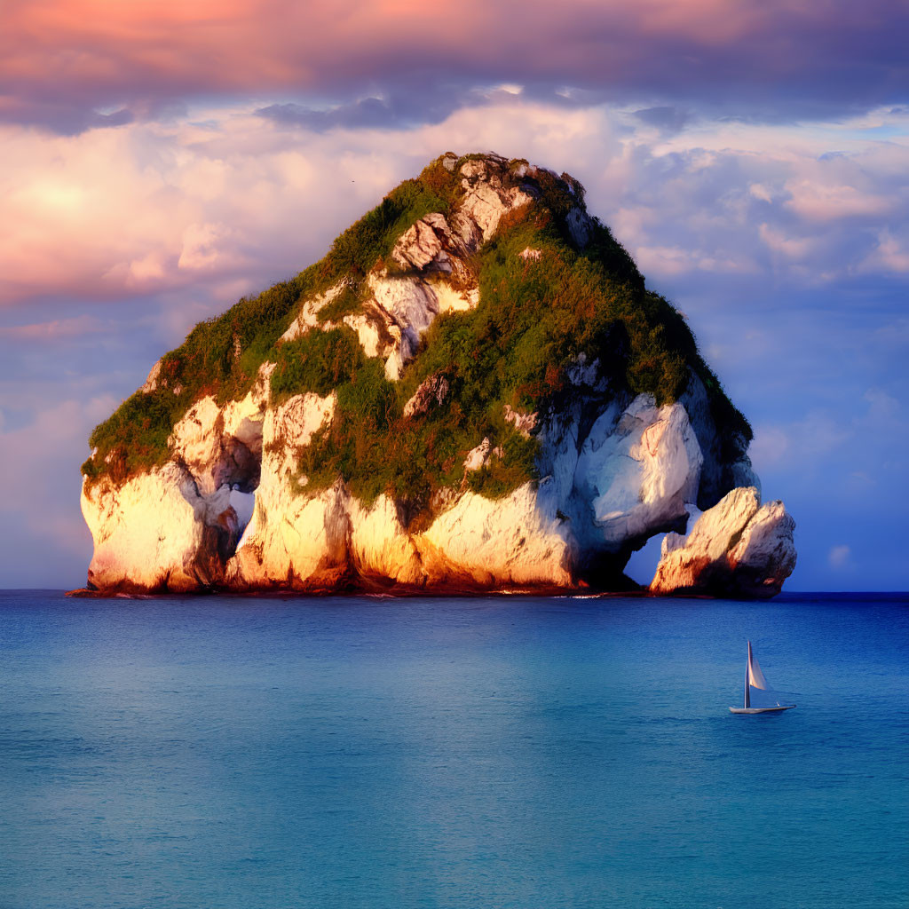 Sailboat gliding by rocky island with greenery under colorful sunset sky