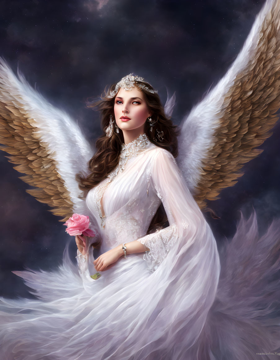 Ethereal figure with angel wings holding a pink rose and wearing elegant jewelry