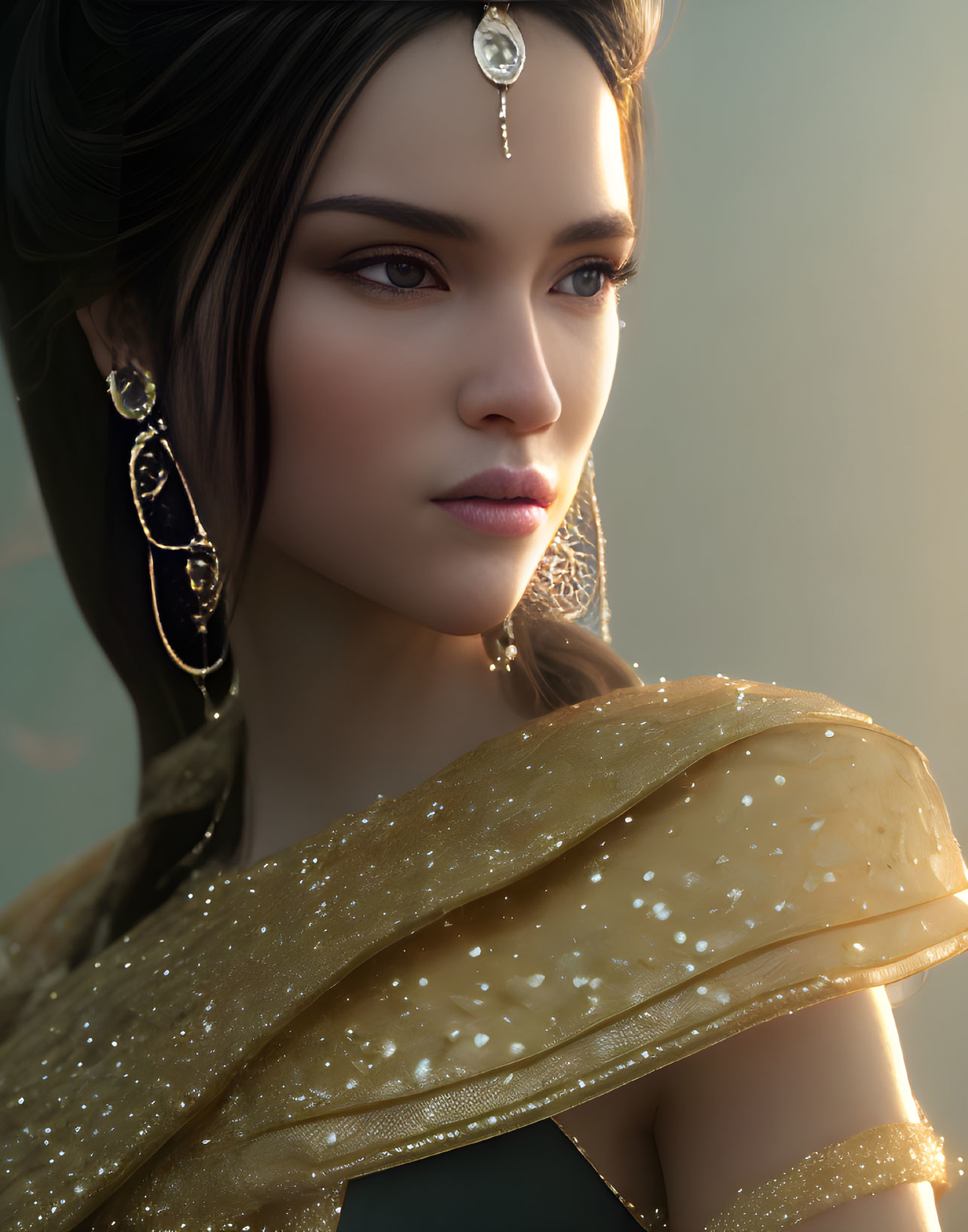 Digital Artwork: Woman with Striking Features in Golden Attire