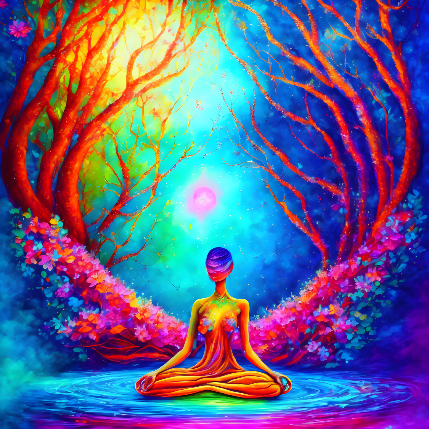 Colorful artwork of person meditating under tree with mystical, starry background