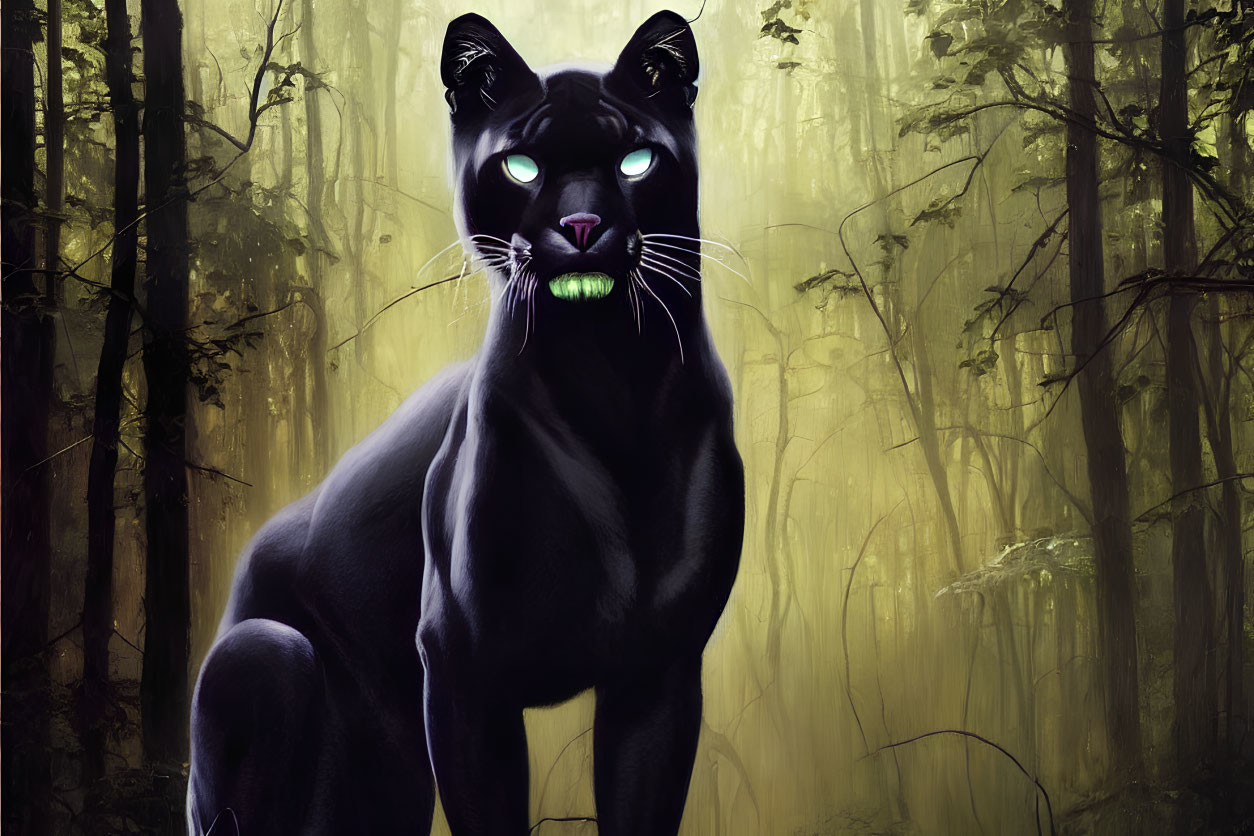 Black panther with glowing turquoise eyes in misty forest