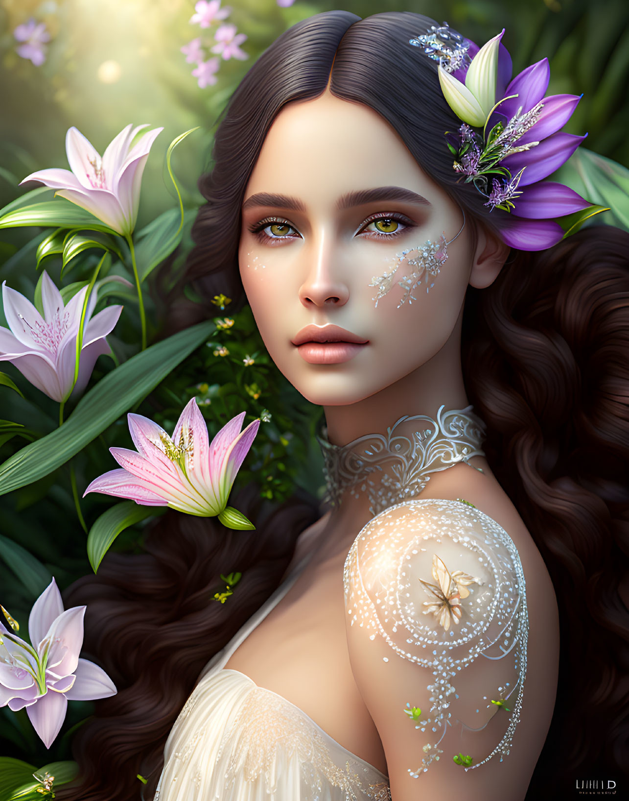 Digital portrait of woman with dark hair, pink lilies, floral makeup, and butterfly tattoo.