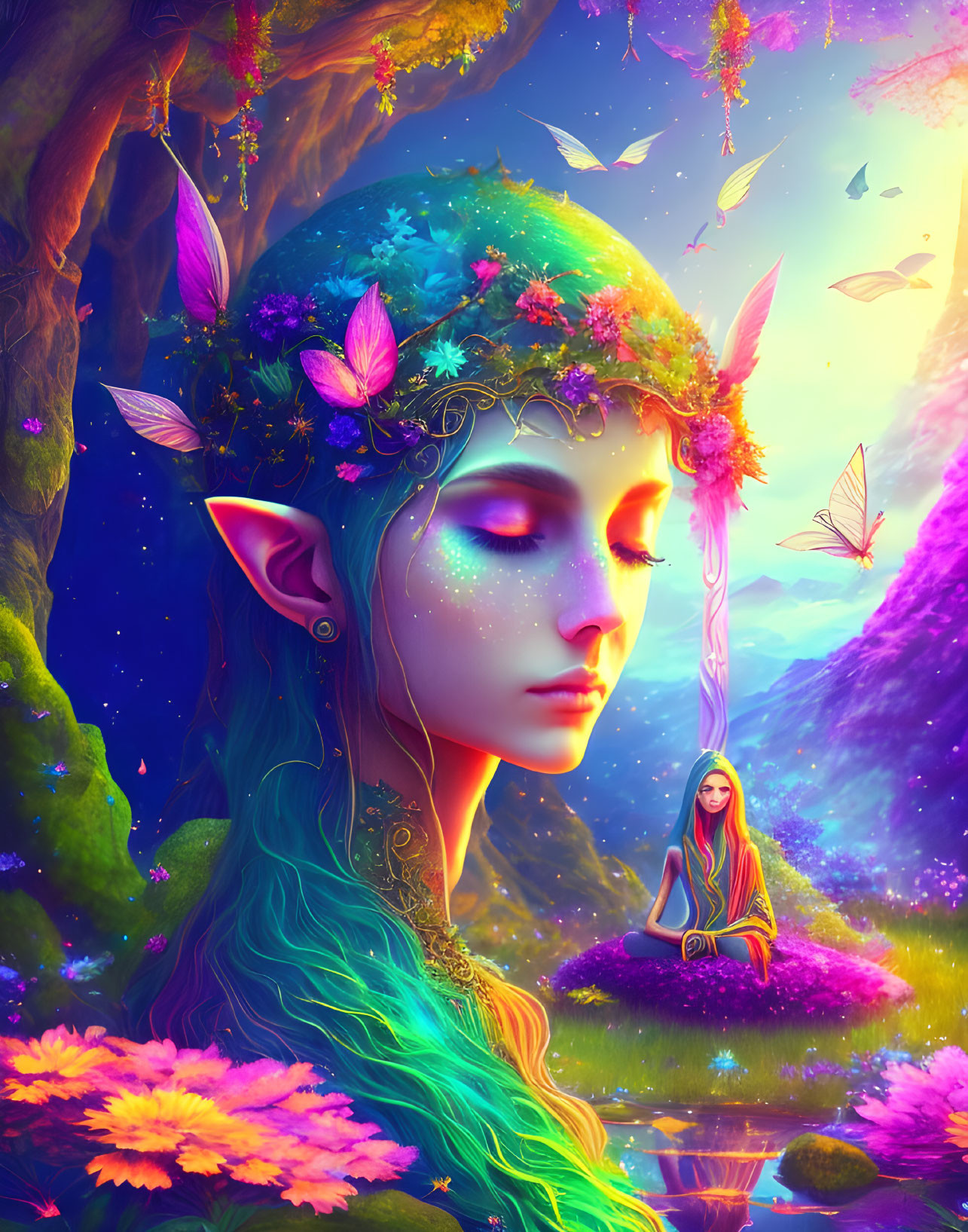 Fantasy artwork of elf with green hair, floral crown, butterflies, and miniature self