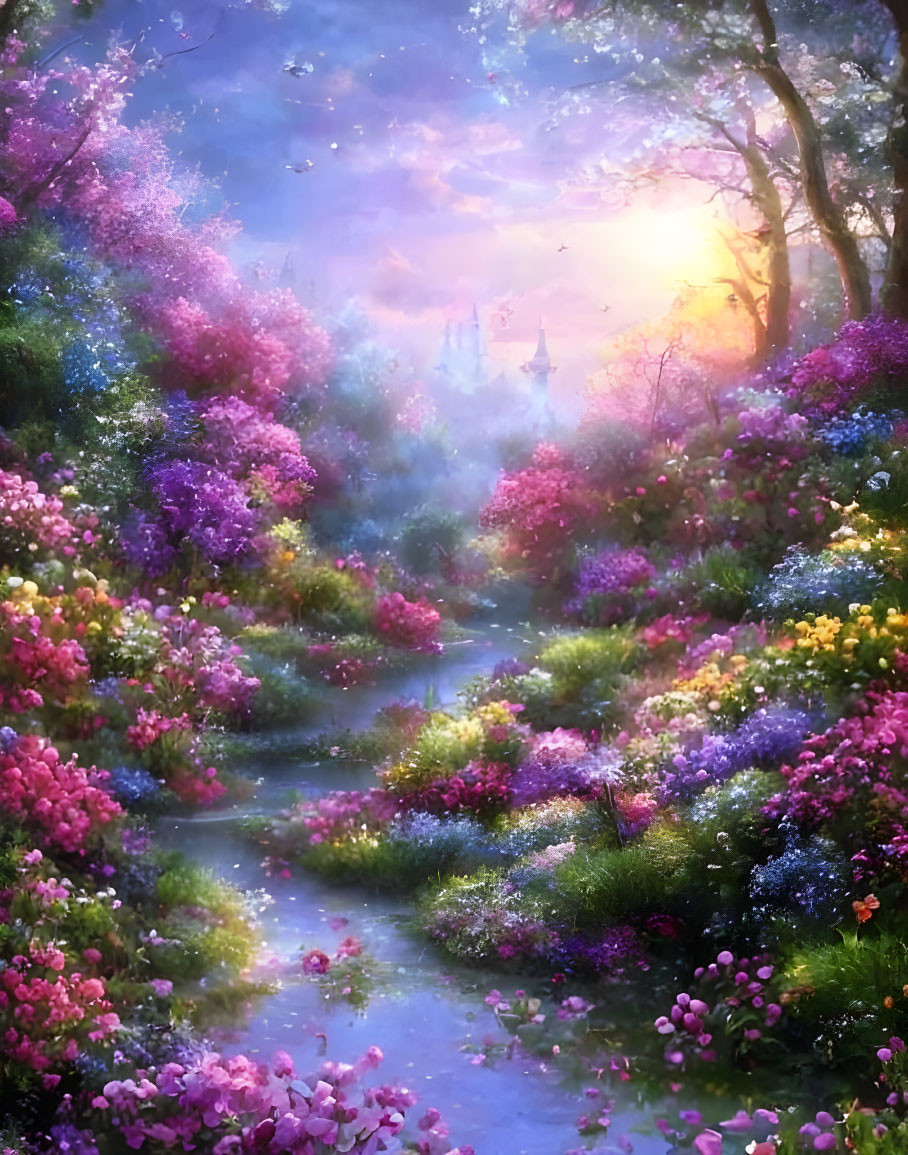 Colorful Garden Path with Blooming Flowers and Castle in Sunset Setting