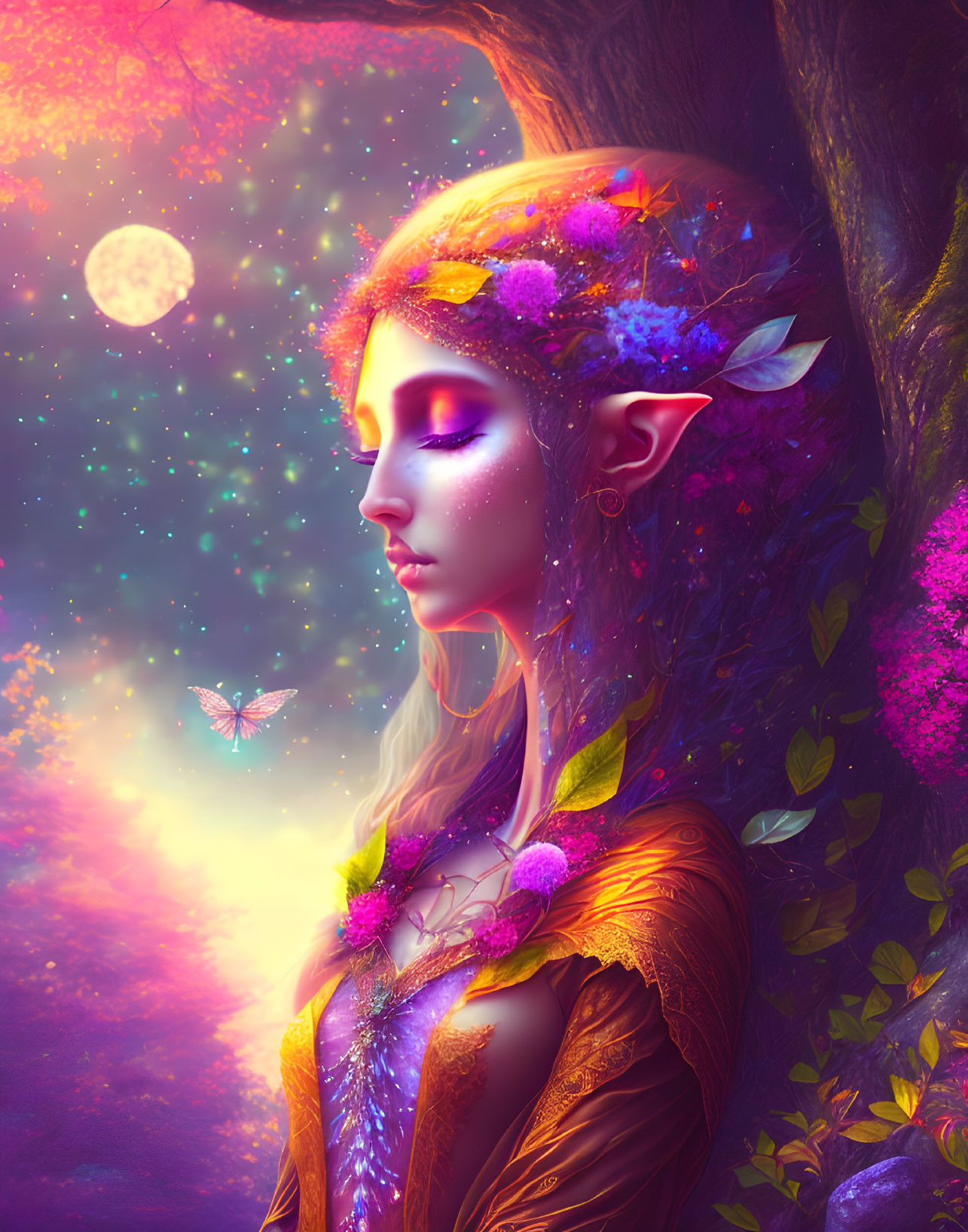 Fantasy elf digital art in ethereal forest ambiance