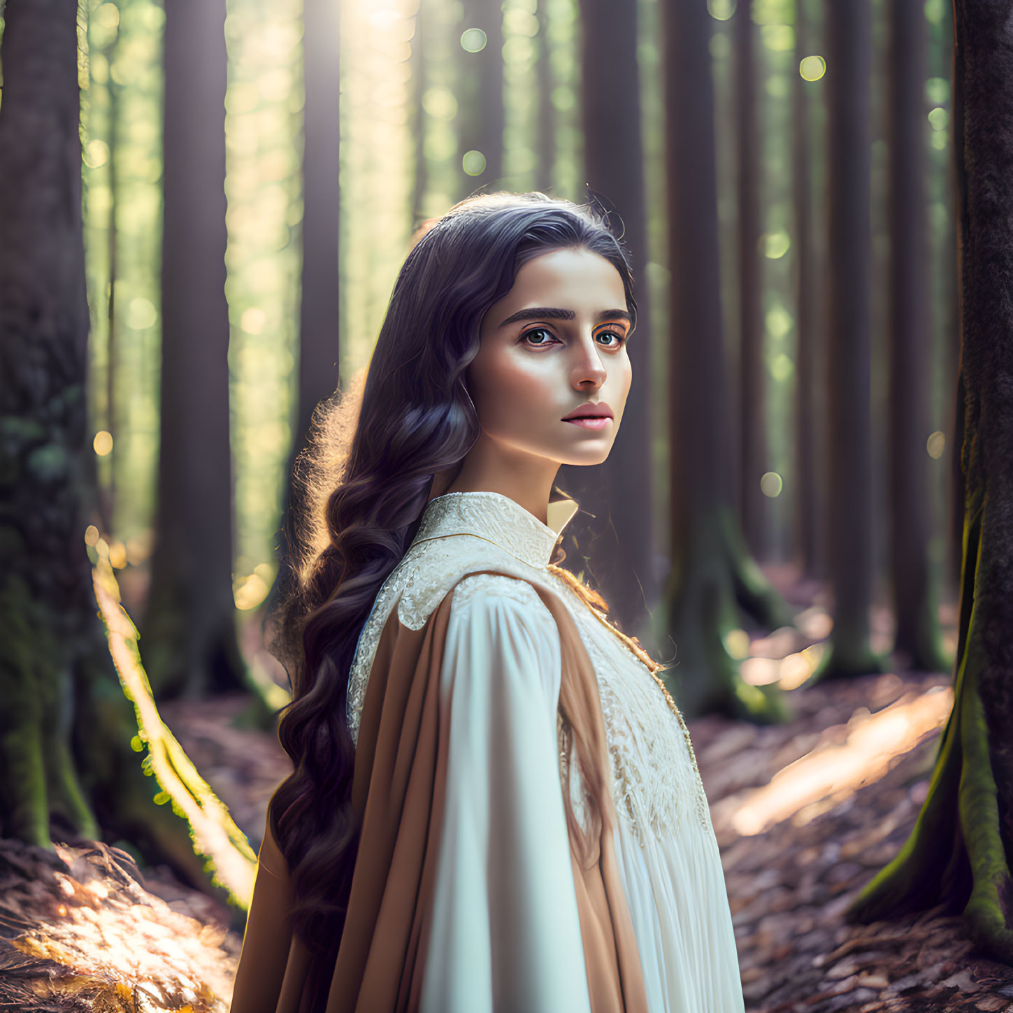 Woman in vintage cream dress in sunlit forest with tall trees