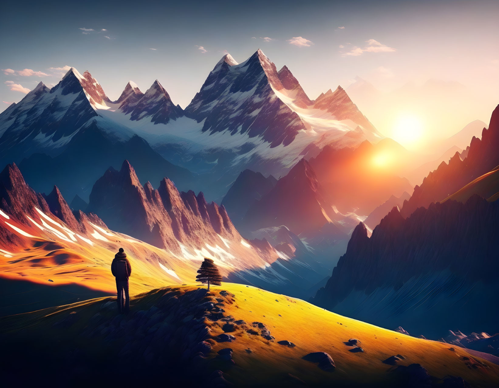 Figure on Hill Gazes at Majestic Sunset over Mountain Range