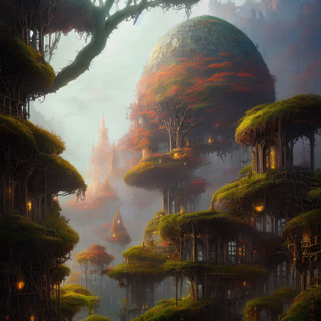 Mystical forest with domed-tree houses in golden light