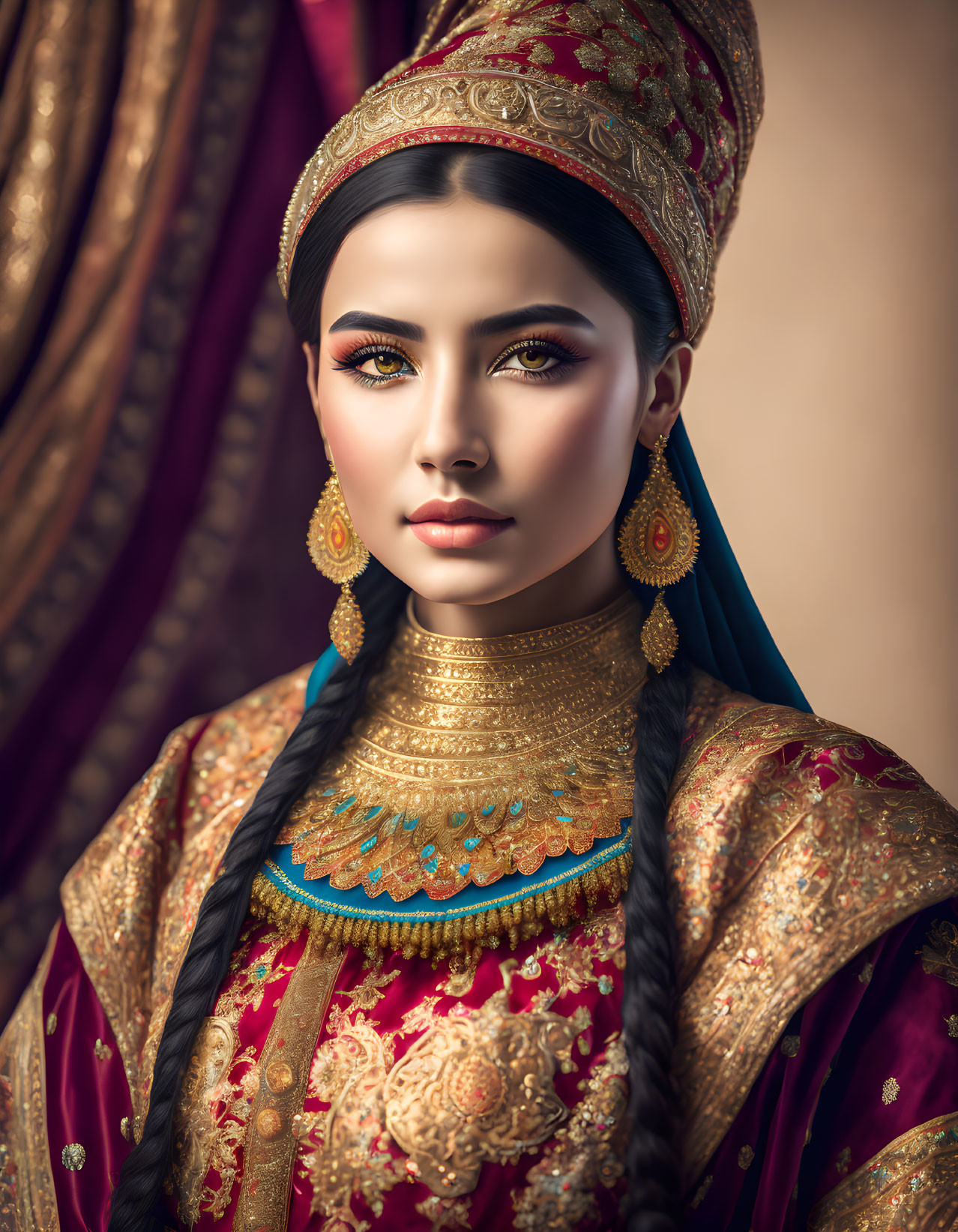 Traditional royal attire: Woman in gold-embellished red dress and ornate headdress gazes