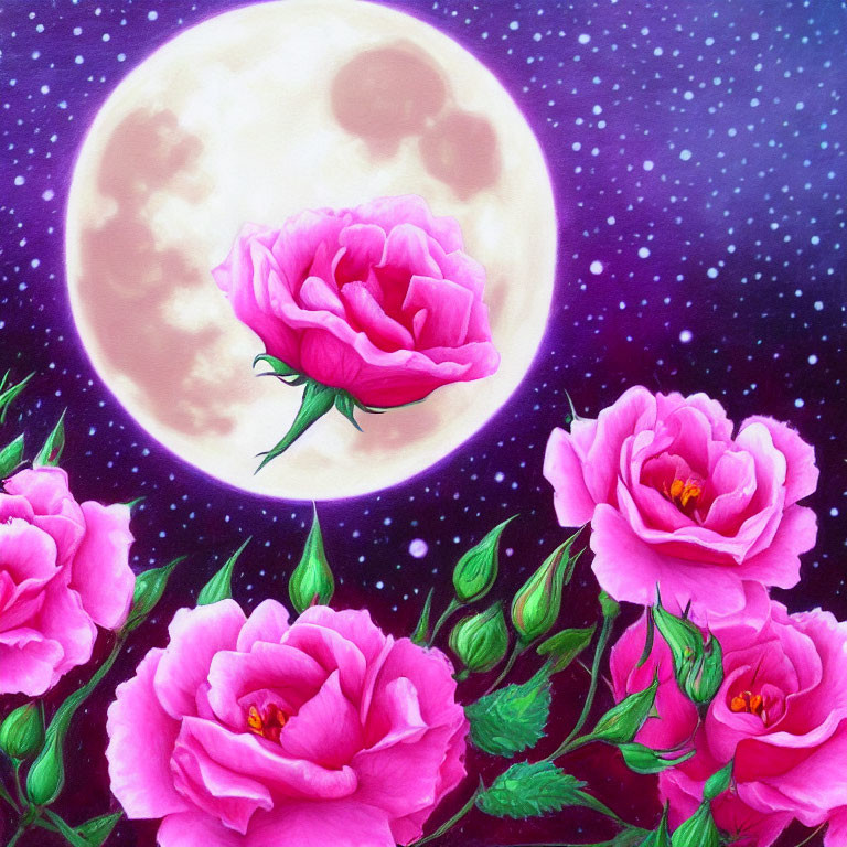 Pink roses blooming under full moon and starry sky