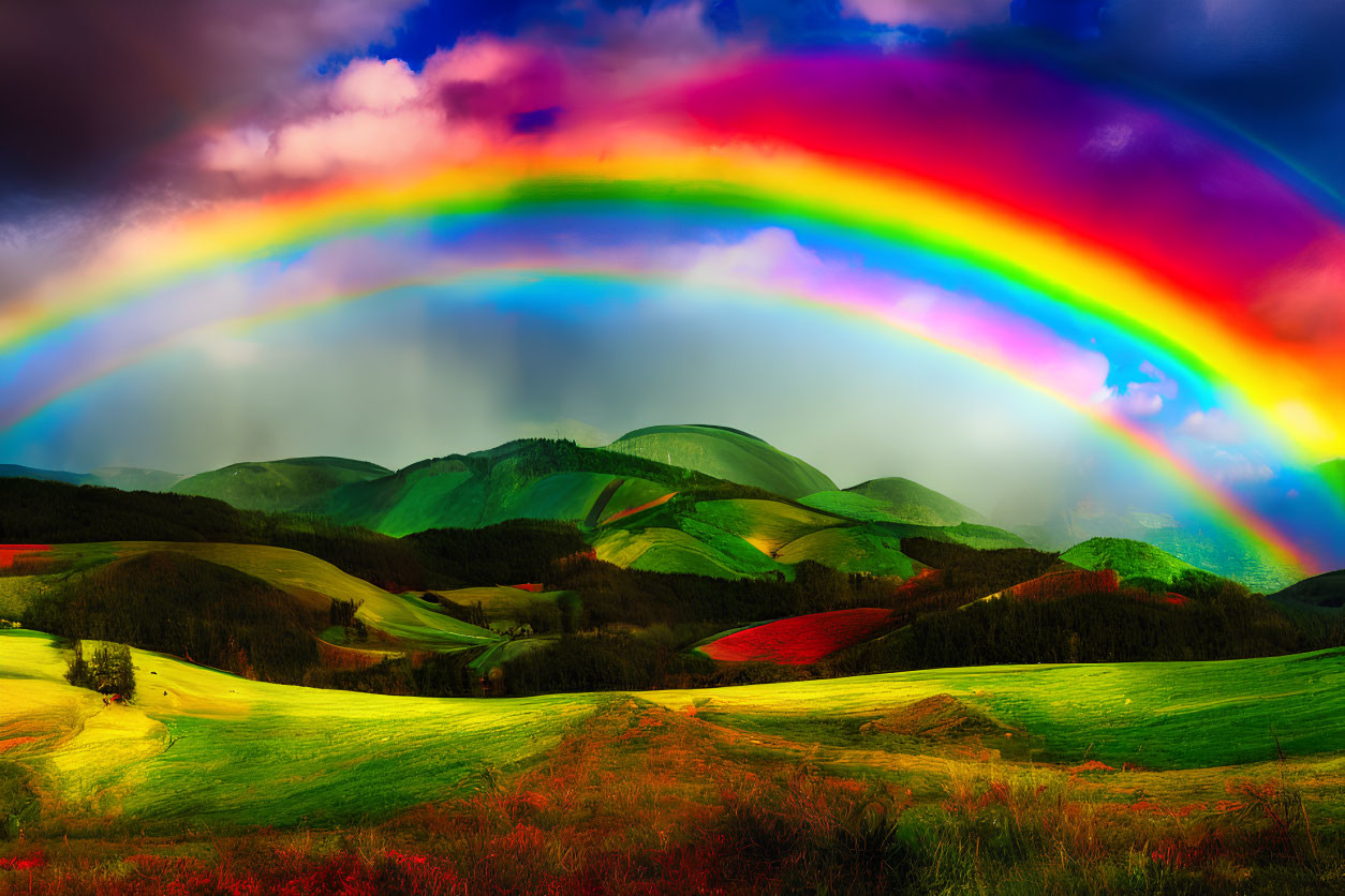 Vivid rainbow over green hills and red flowers under dramatic sky