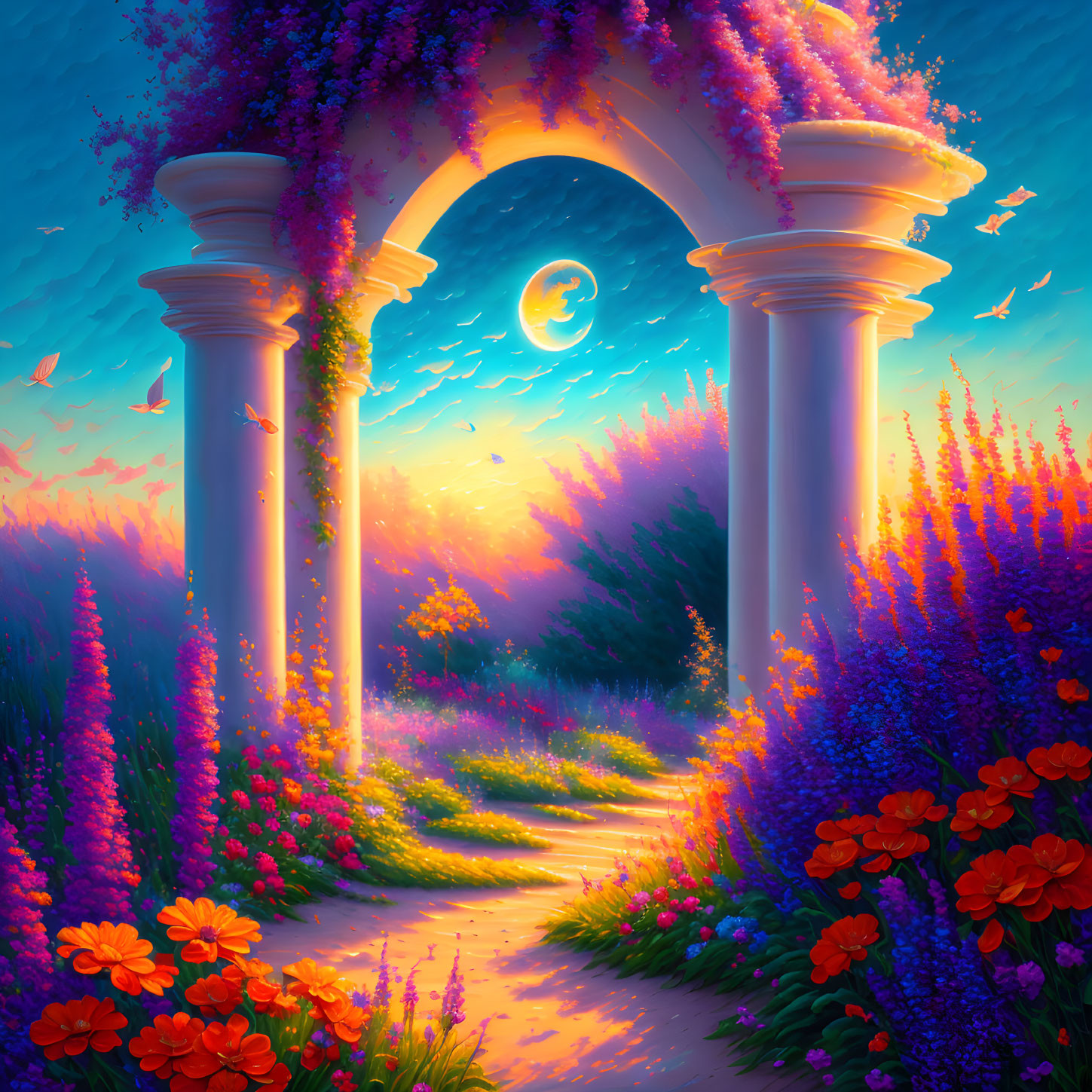 Lush Purple Flower Archway Over Garden Path at Sunset