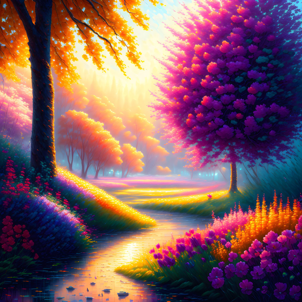 Colorful Sunlit Path Through Vibrant Landscape