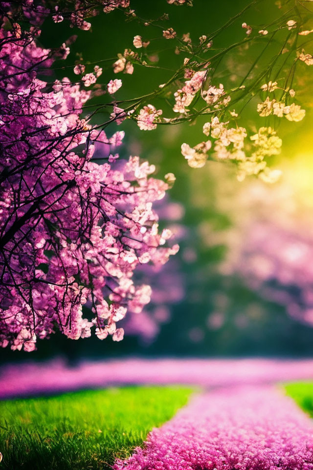 Pink Cherry Trees in Full Bloom Along Grass Path on Sunny Day