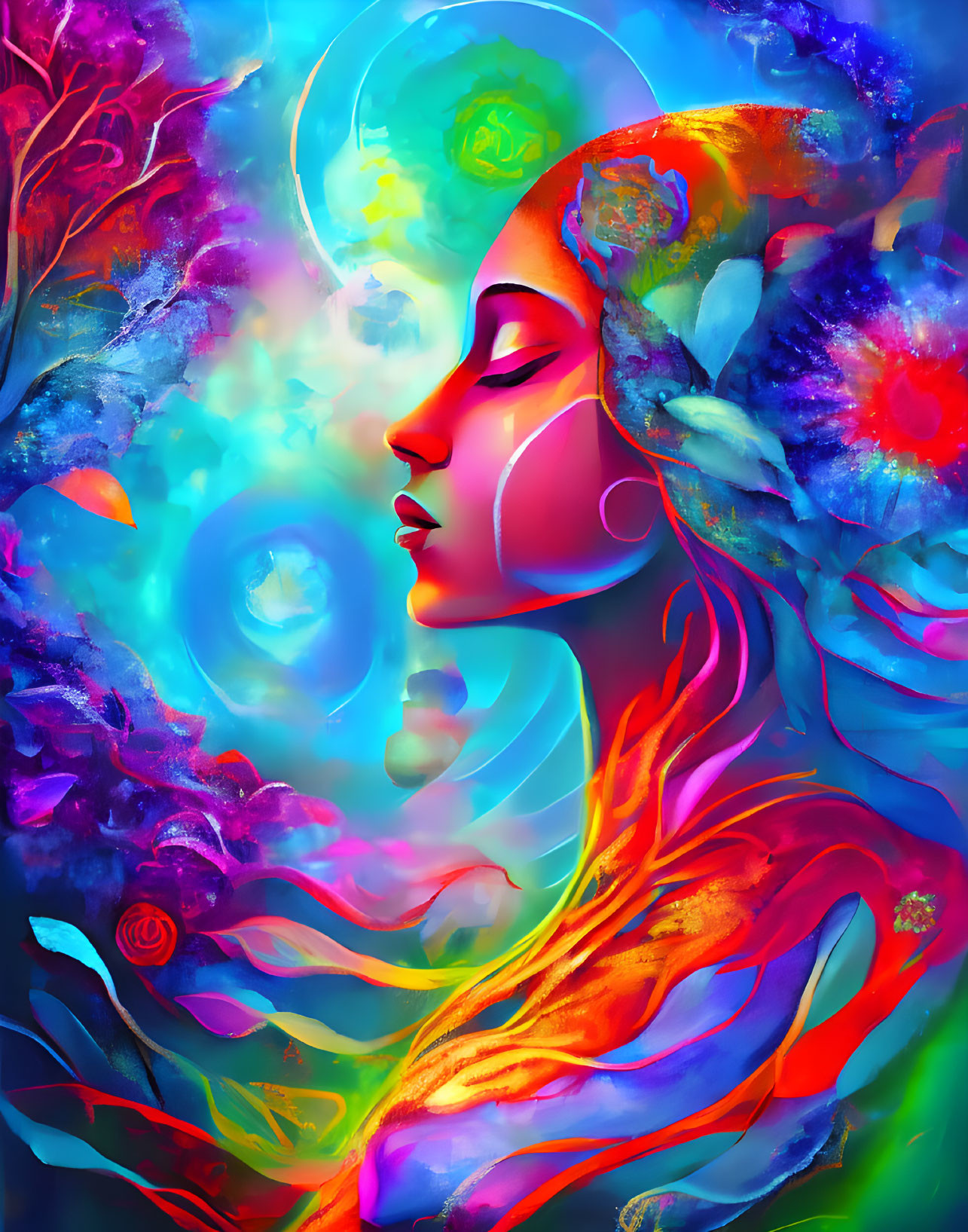 Colorful profile illustration of a woman in surreal floral surroundings